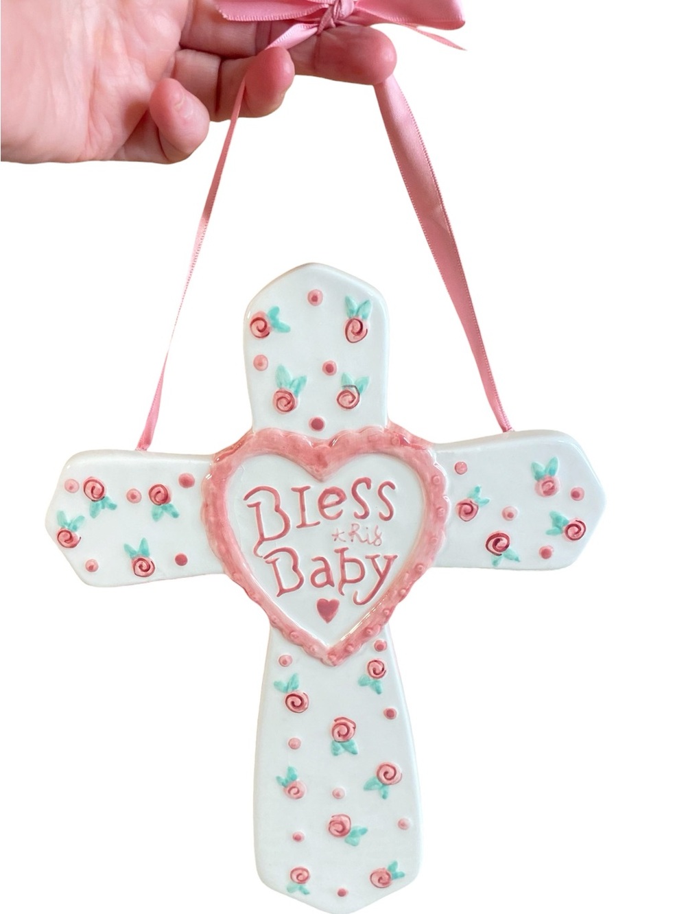 Kimberly Montgomery Bless This Baby Pink Floral Cross Wall Hanging Ceramic 2004